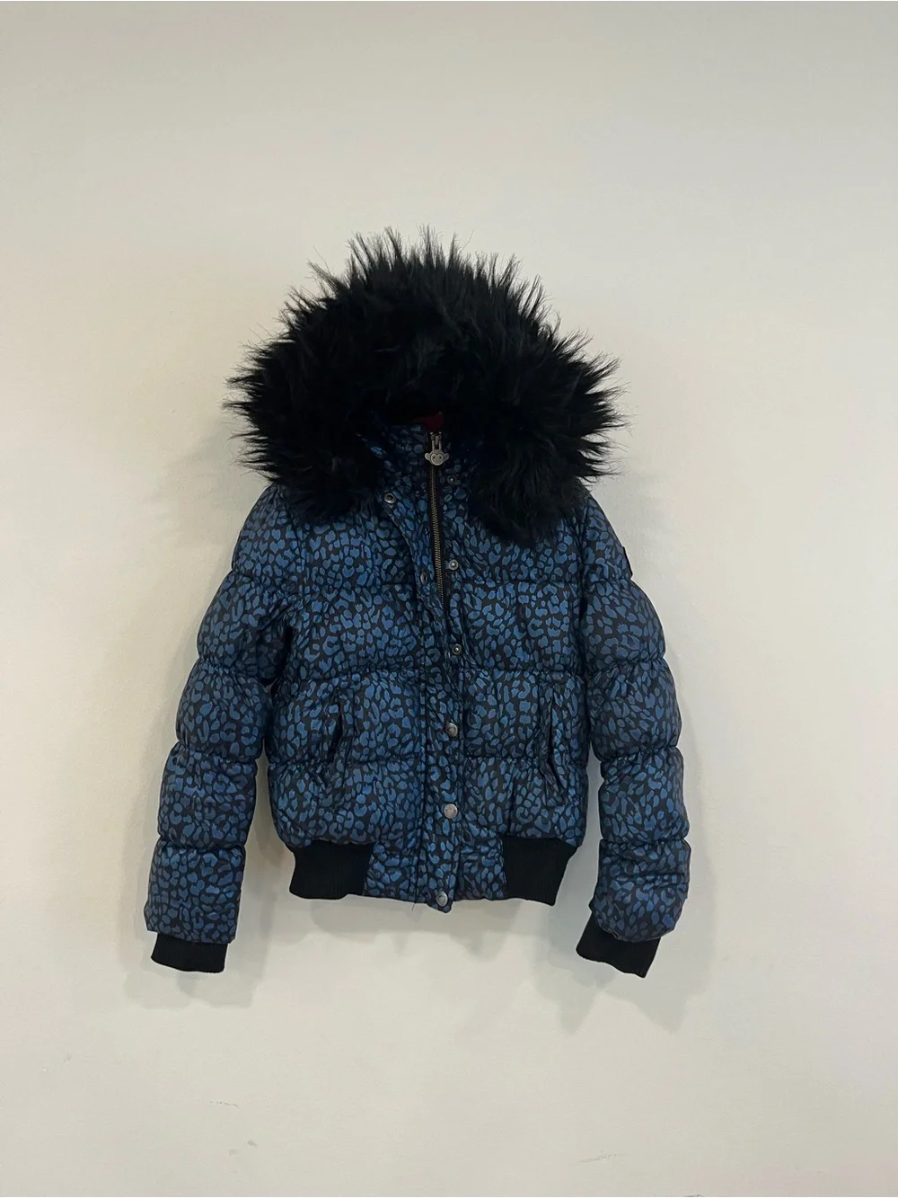 Appaman Blue Leopard Print Puffer Jacket with Black Faux Fur Hood
